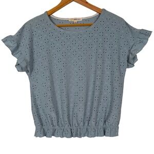 Rewind Eyelet Blouse Womens Medium Blue Ruffle Sleeve Peplum NK8810MKR